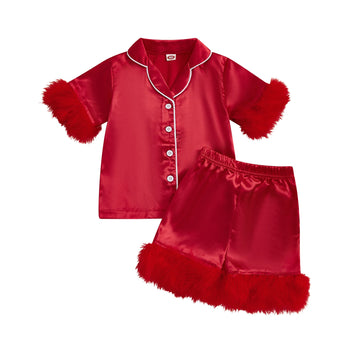 MQTIME  -  Girls Summer Pajama Sets with Short Sleeve Lapel Button Up Plush Cuff Shirt and Shorts for Comfortable Sleepwear